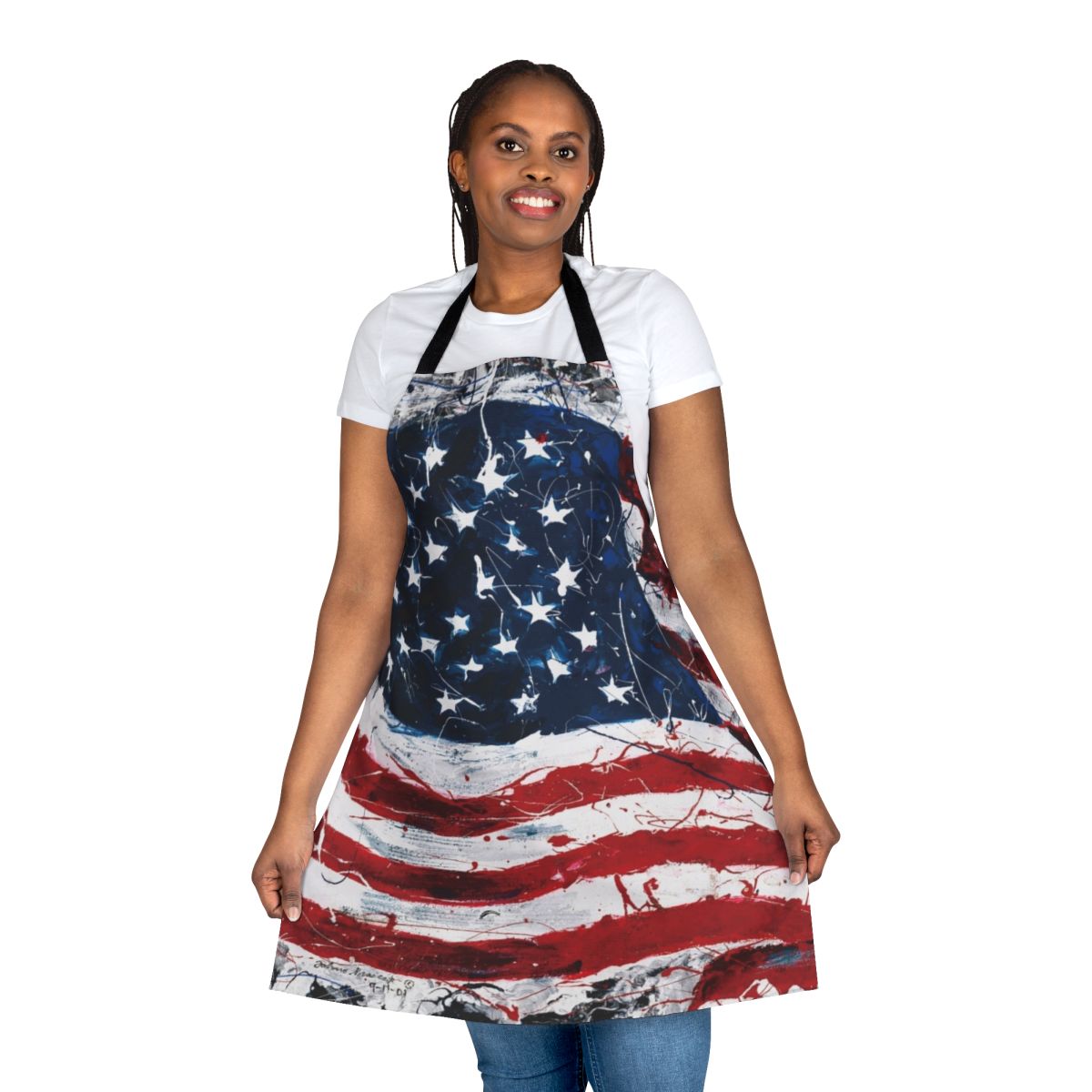 Vibrant watercolor painting of the American flag on a high-quality apron