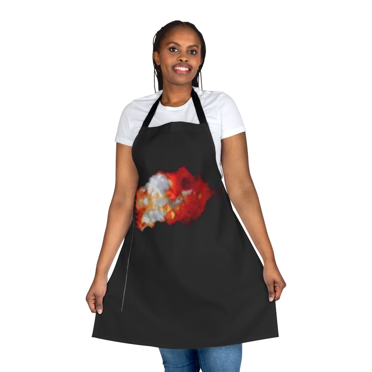 Patriotic American flag burning design printed on a high-quality apron