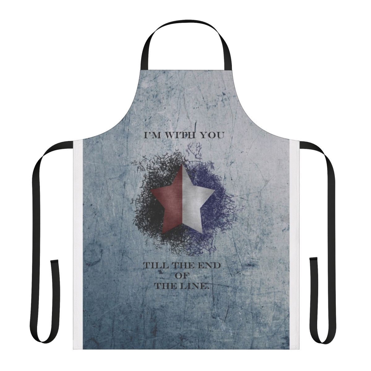 Patriotic-themed apron featuring the phrase "I'm With You Till the End of the Line" from Captain America and The Winter Soldier
