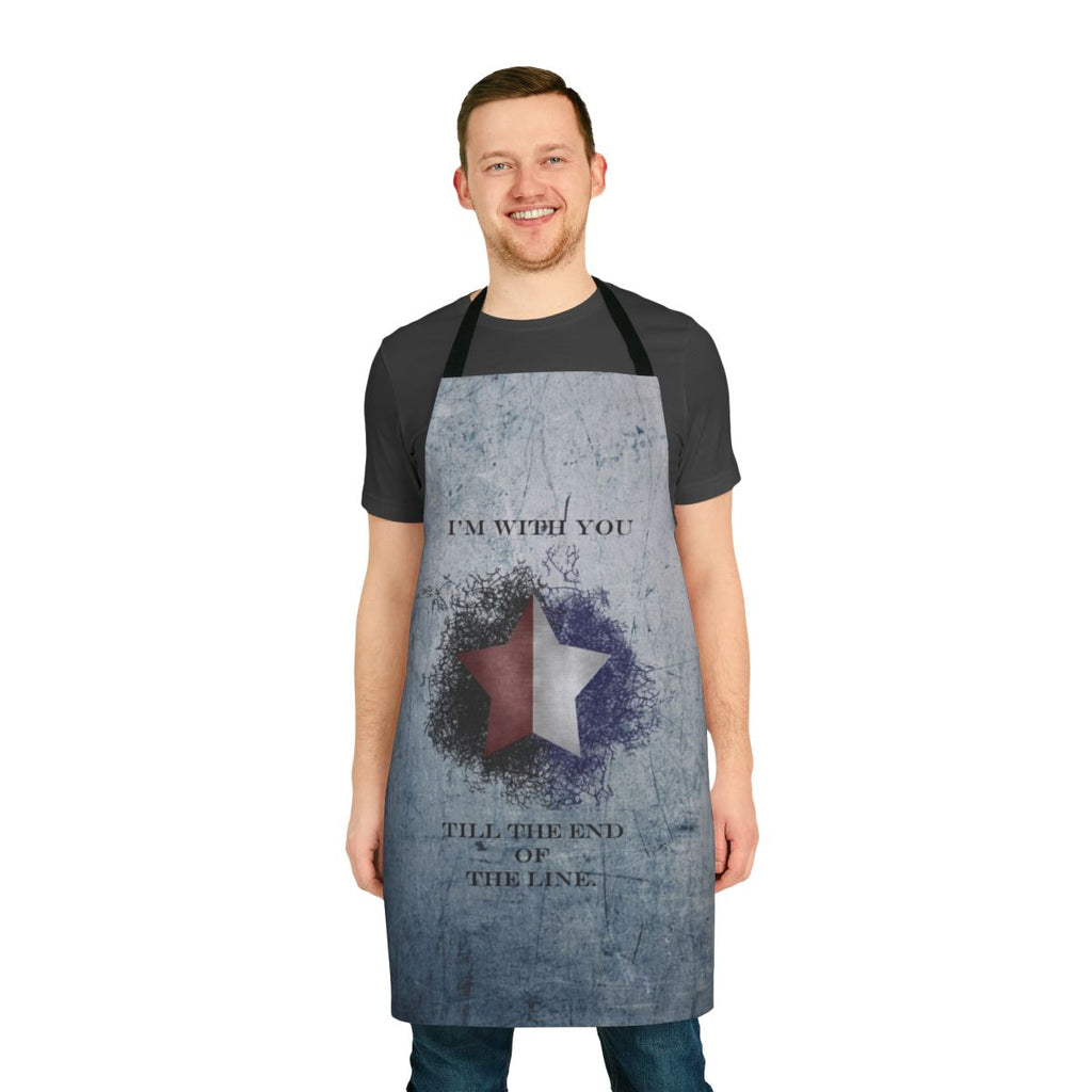 Patriotic-themed apron featuring the phrase "I'm With You Till the End of the Line" from Captain America and The Winter Soldier