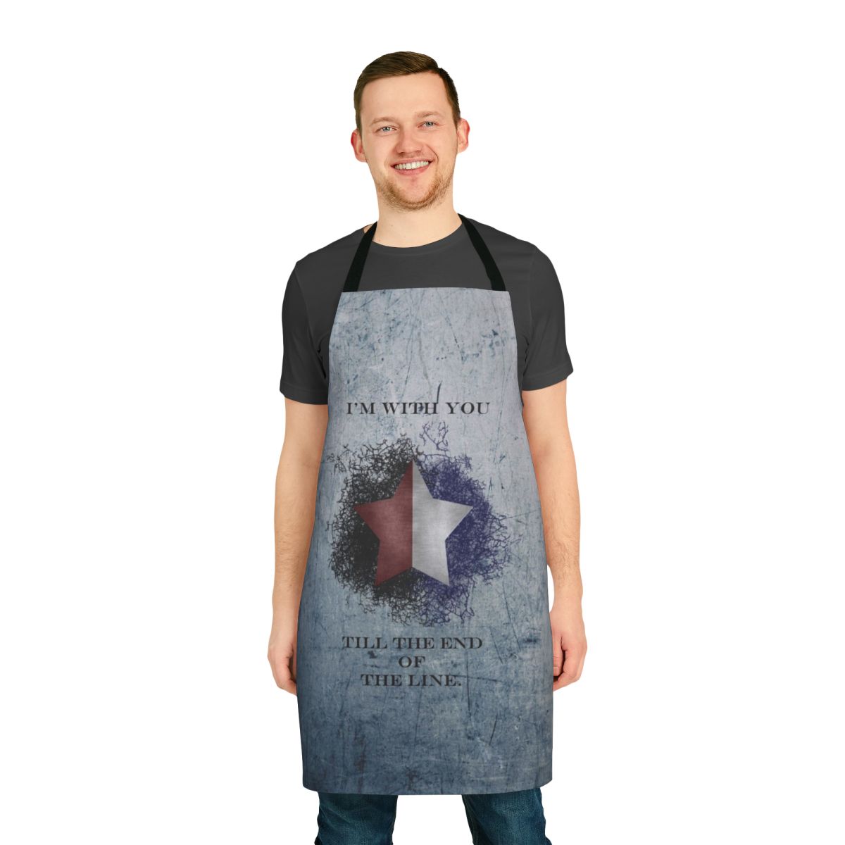 Patriotic-themed apron featuring the phrase "I'm With You Till the End of the Line" from Captain America and The Winter Soldier