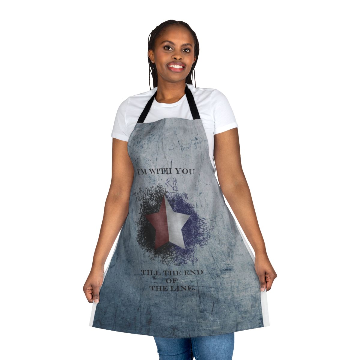 Patriotic-themed apron featuring the phrase "I'm With You Till the End of the Line" from Captain America and The Winter Soldier