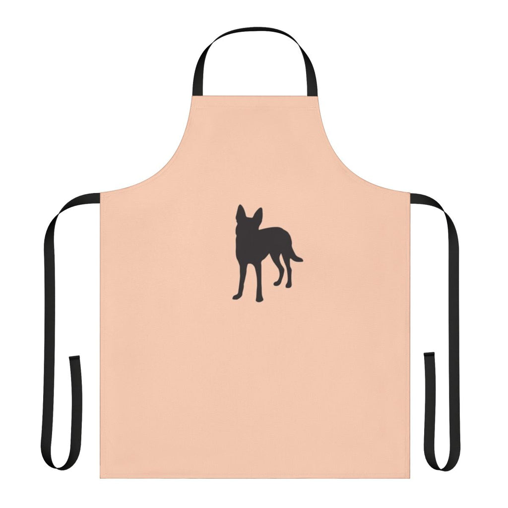A Carolina dog wearing an American flag-inspired apron, standing in a yoga pose.