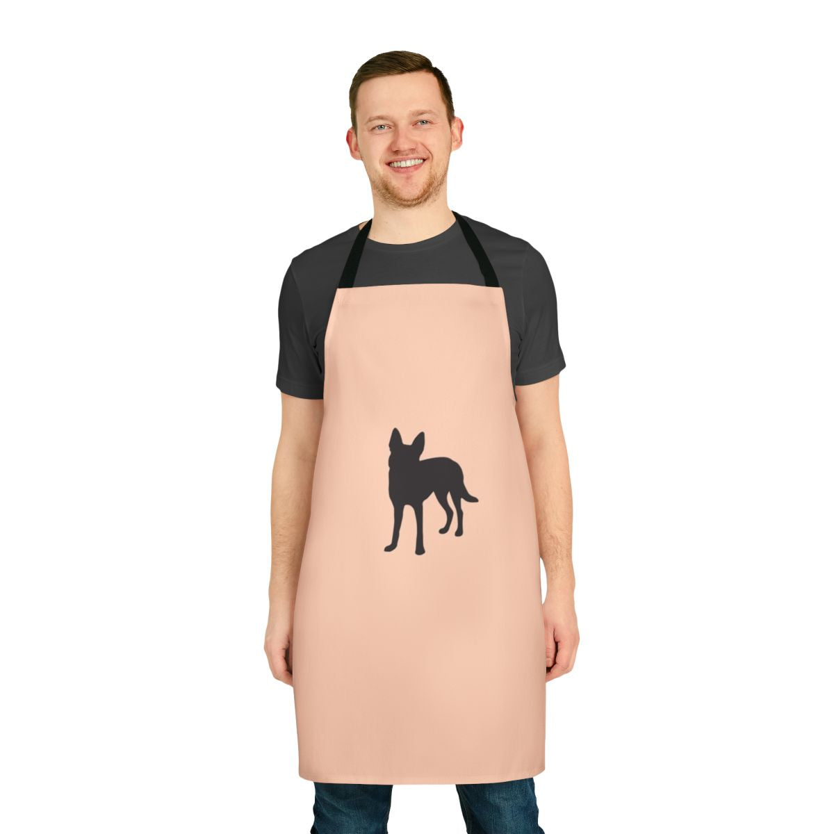 A Carolina dog wearing an American flag-inspired apron, standing in a yoga pose.