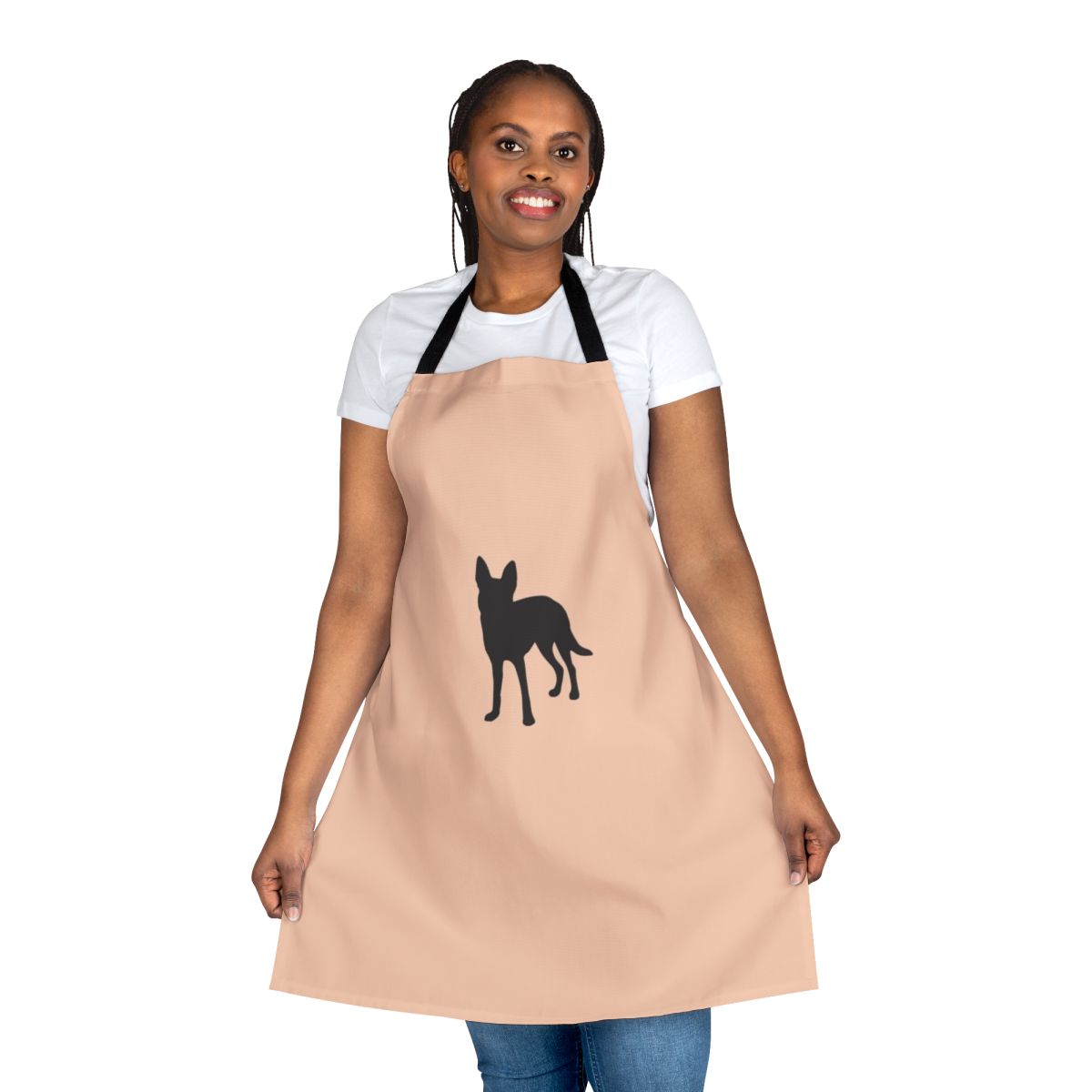 A Carolina dog wearing an American flag-inspired apron, standing in a yoga pose.