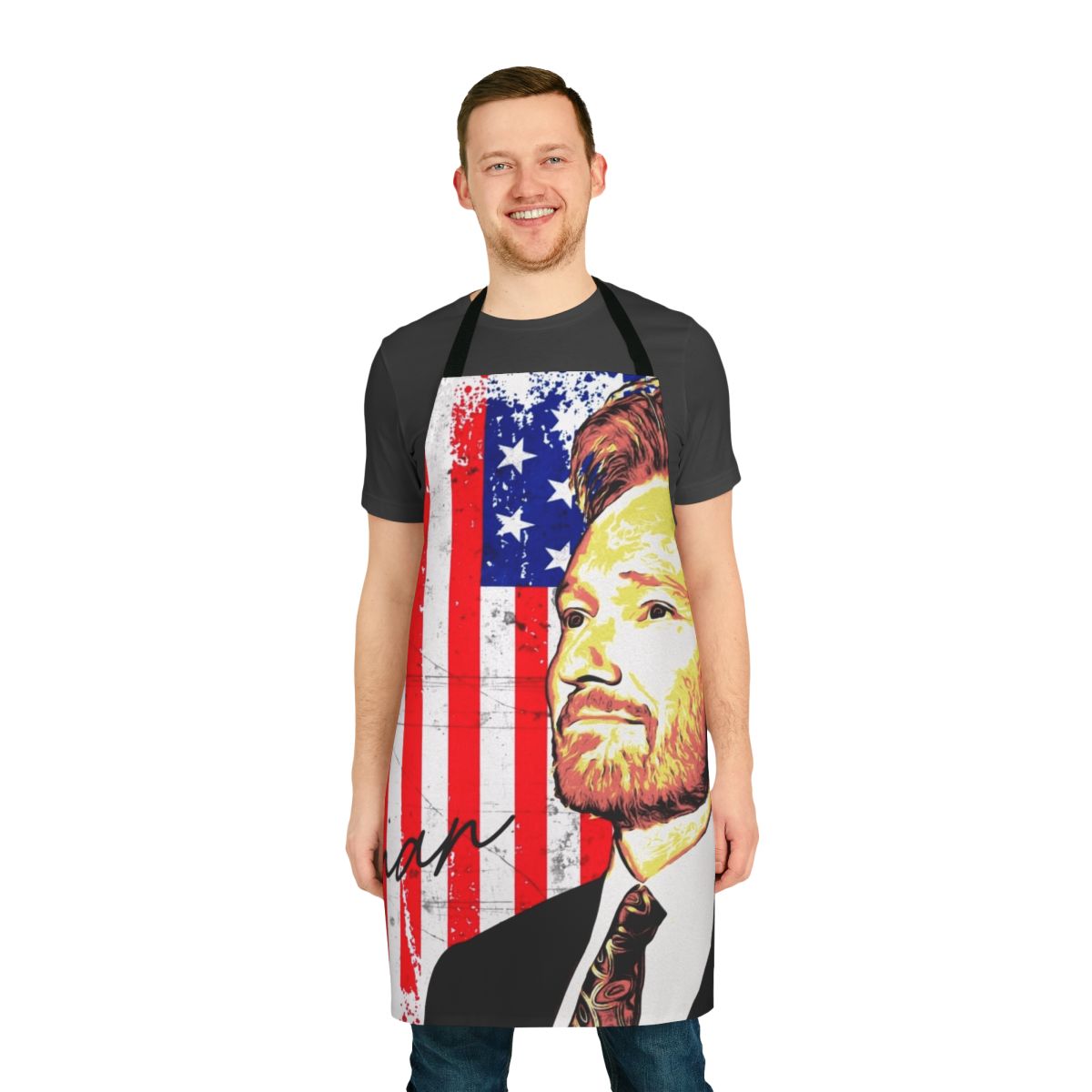 Patriotic Conan O'Brien-inspired apron with American flag design