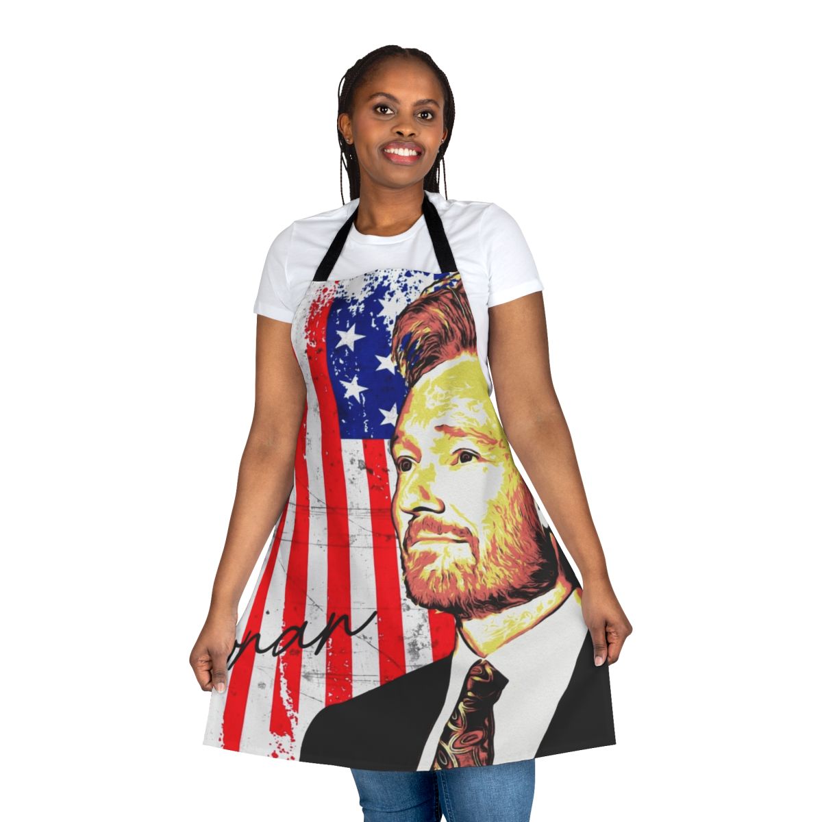 Patriotic Conan O'Brien-inspired apron with American flag design