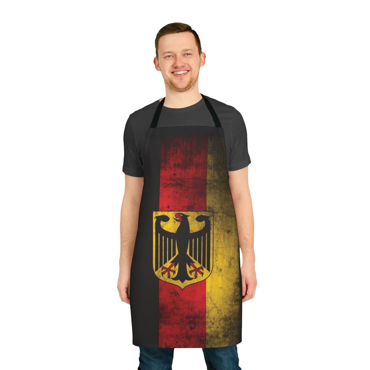 Close-up of a patriotic apron featuring the German eagle coat of arms flag design