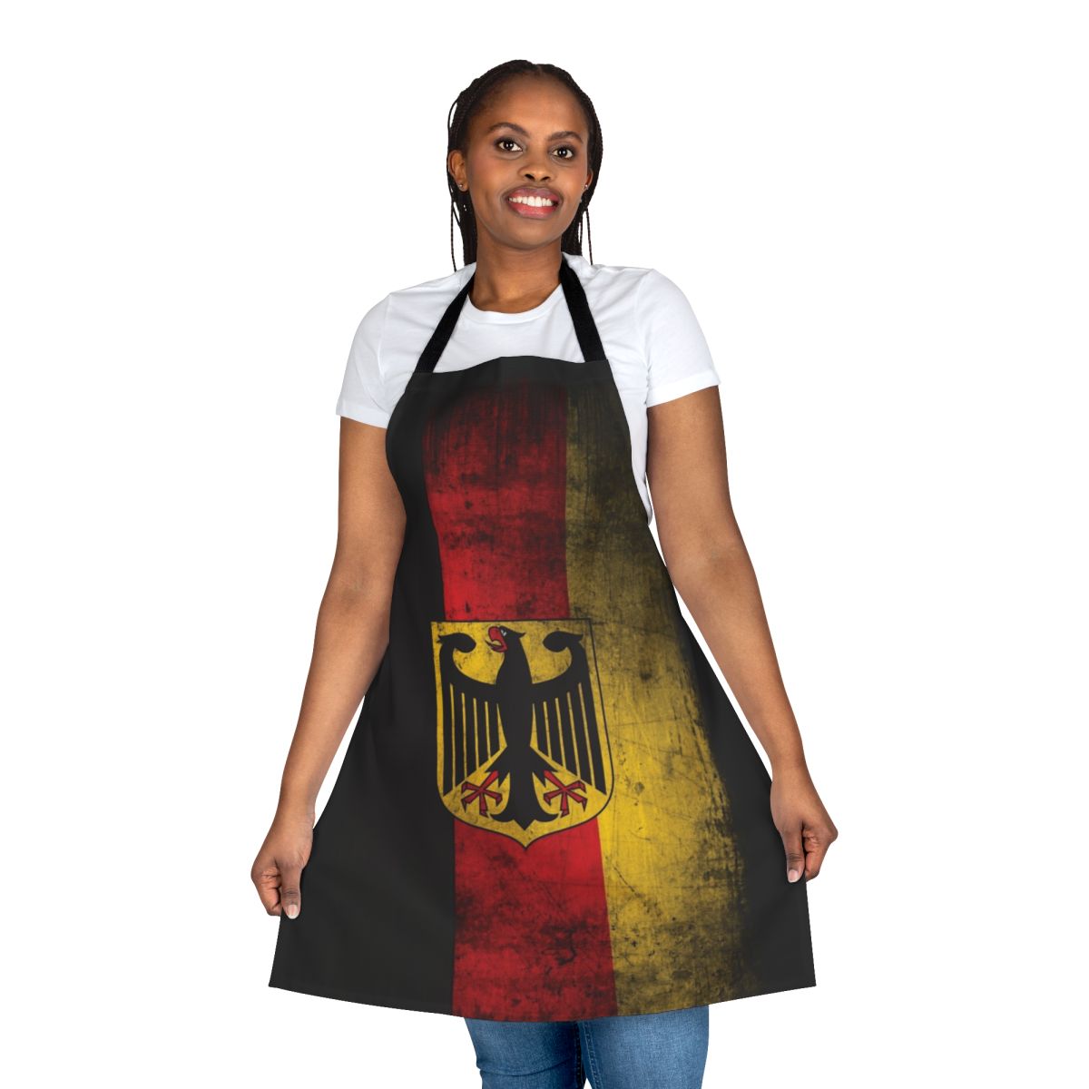 Close-up of a patriotic apron featuring the German eagle coat of arms flag design