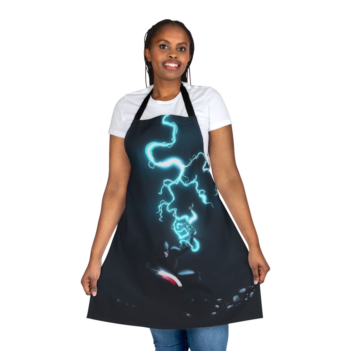 A high-quality, durable apron featuring a patriotic superhero design, perfect for cooking, grilling, and everyday kitchen tasks.