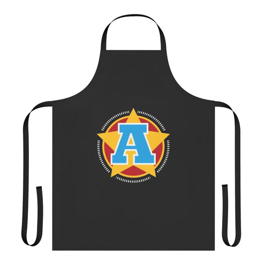 Superhero-themed apron featuring a large letter 'A' in a star and stripes design