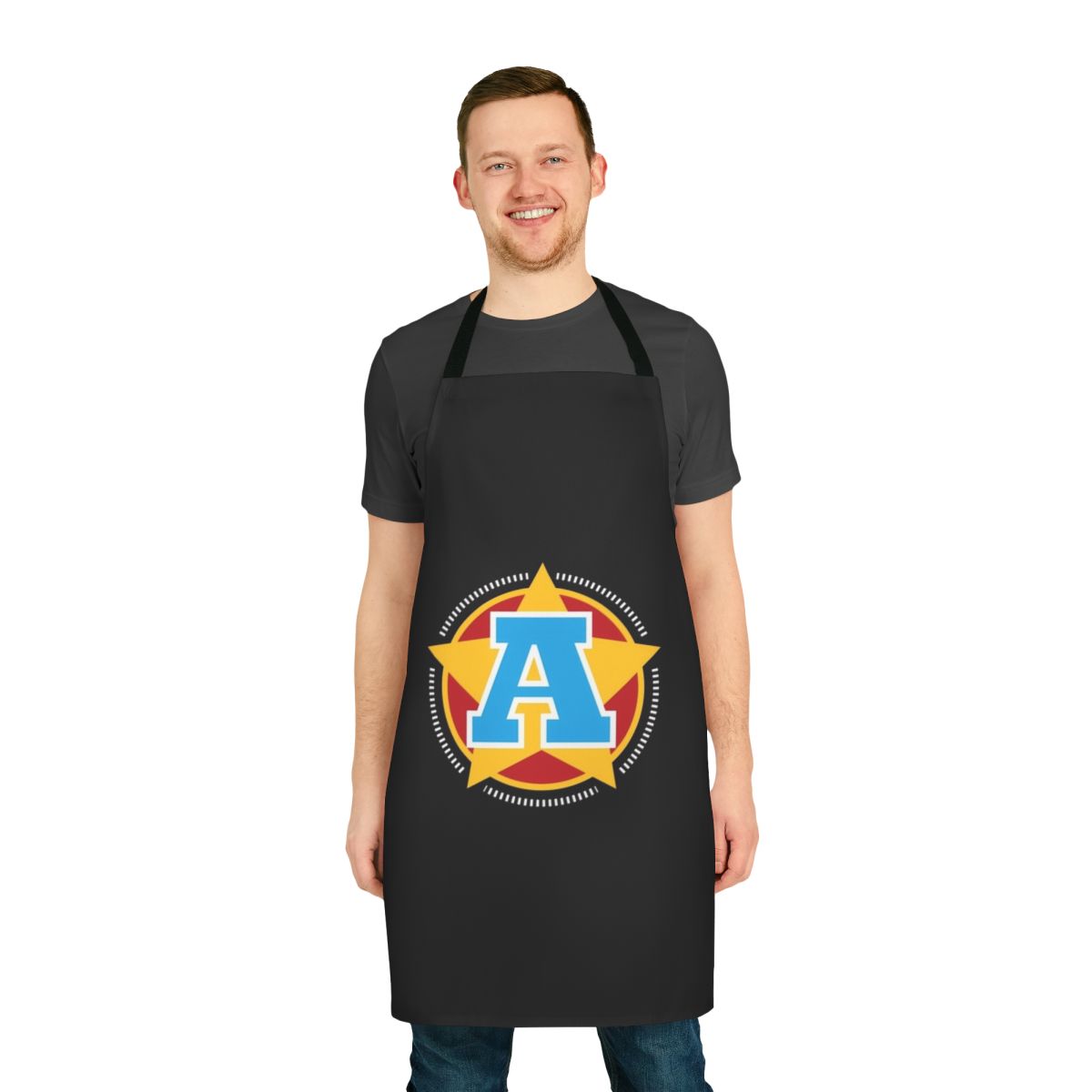 Superhero-themed apron featuring a large letter 'A' in a star and stripes design