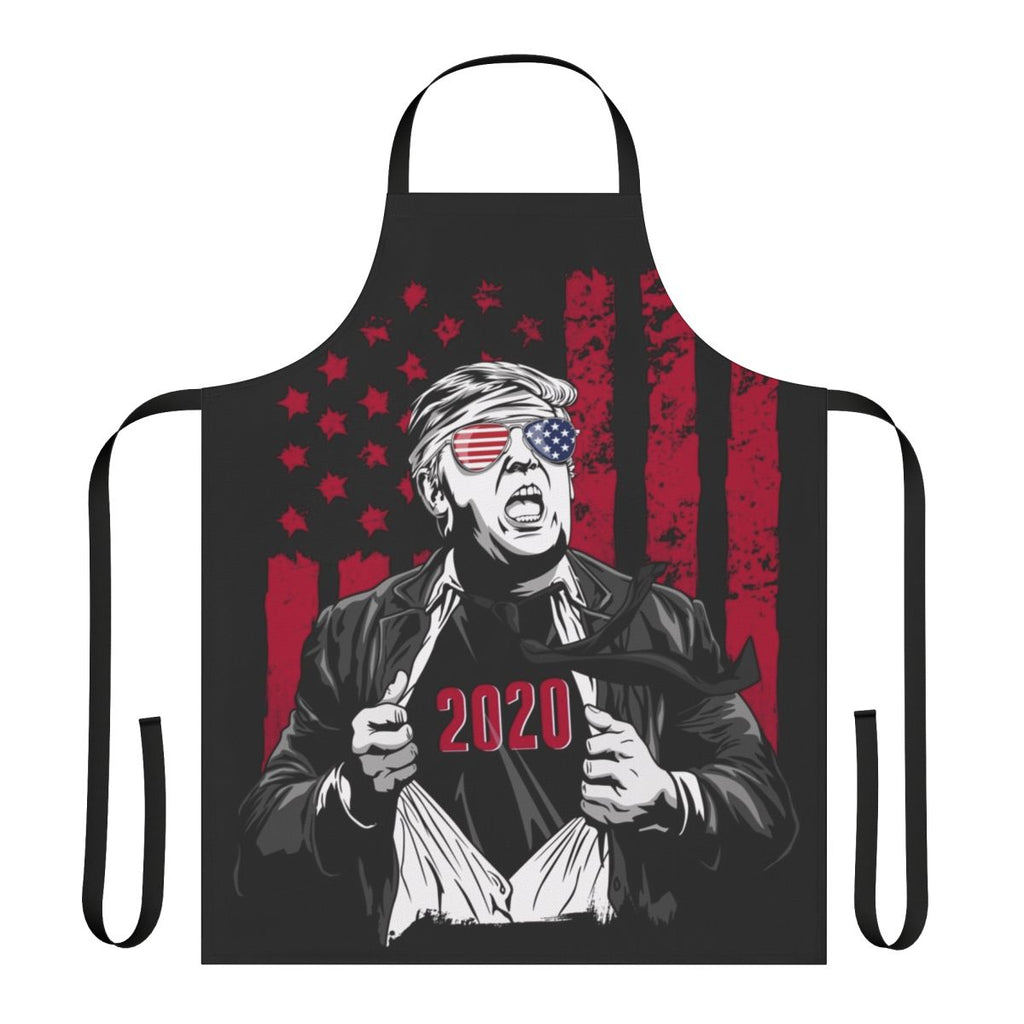 Patriotic superhero-themed apron in red, white, and blue colors with Donald Trump 2020 logo