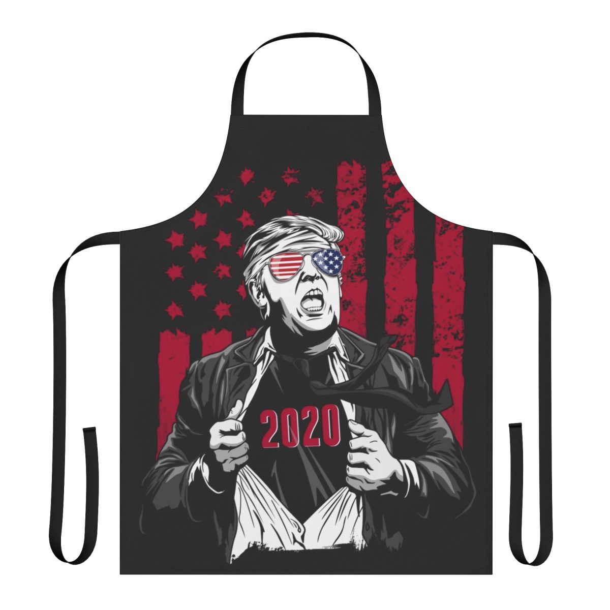 Patriotic superhero-themed apron in red, white, and blue colors with Donald Trump 2020 logo