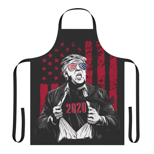 Patriotic superhero-themed apron in red, white, and blue colors with Donald Trump 2020 logo
