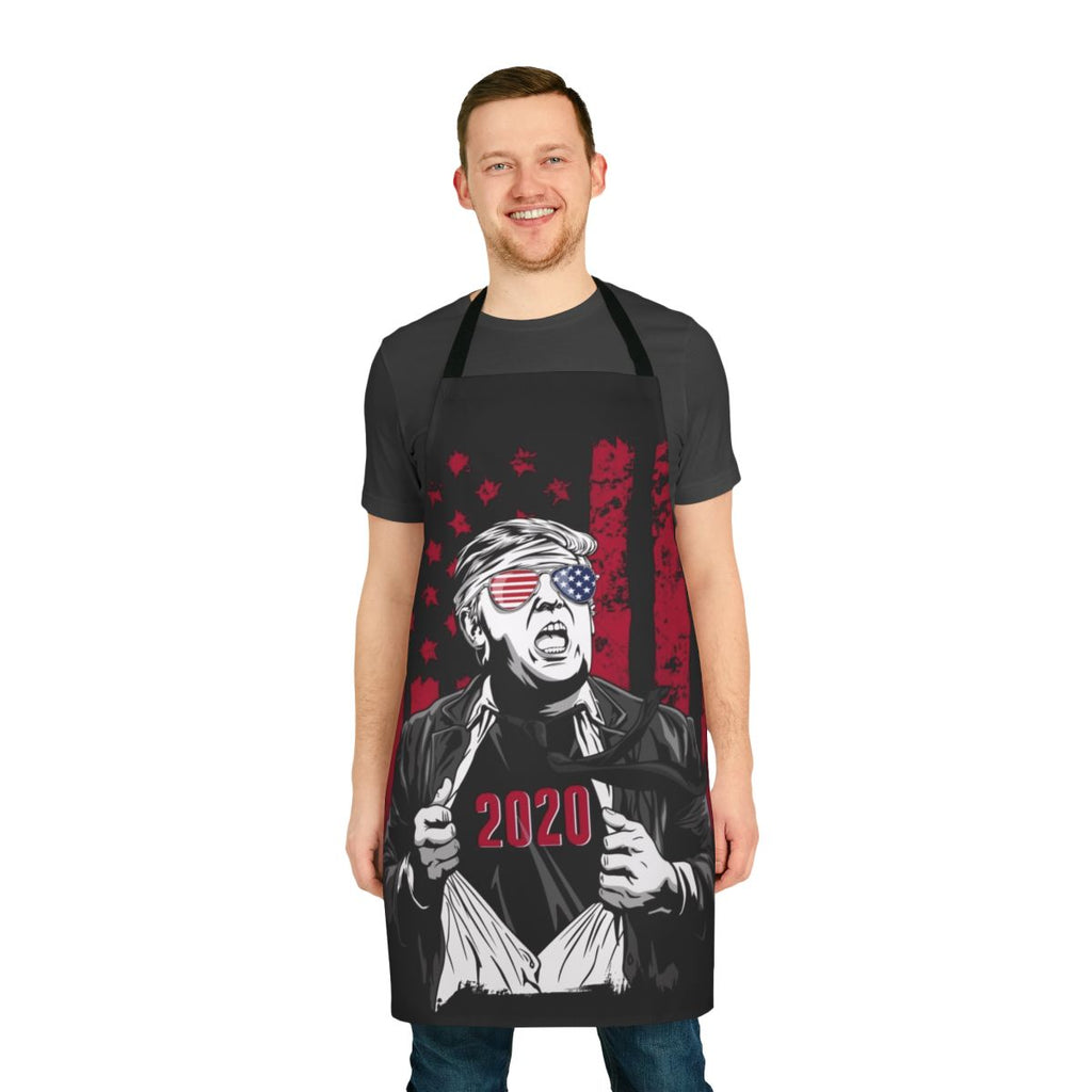 Patriotic superhero-themed apron in red, white, and blue colors with Donald Trump 2020 logo