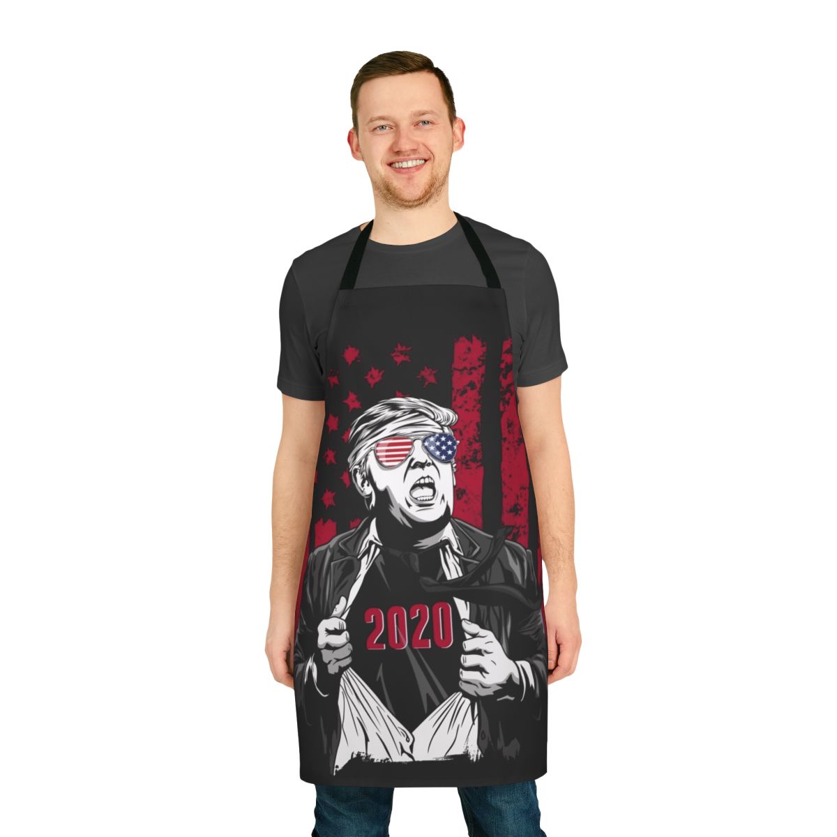 Patriotic superhero-themed apron in red, white, and blue colors with Donald Trump 2020 logo