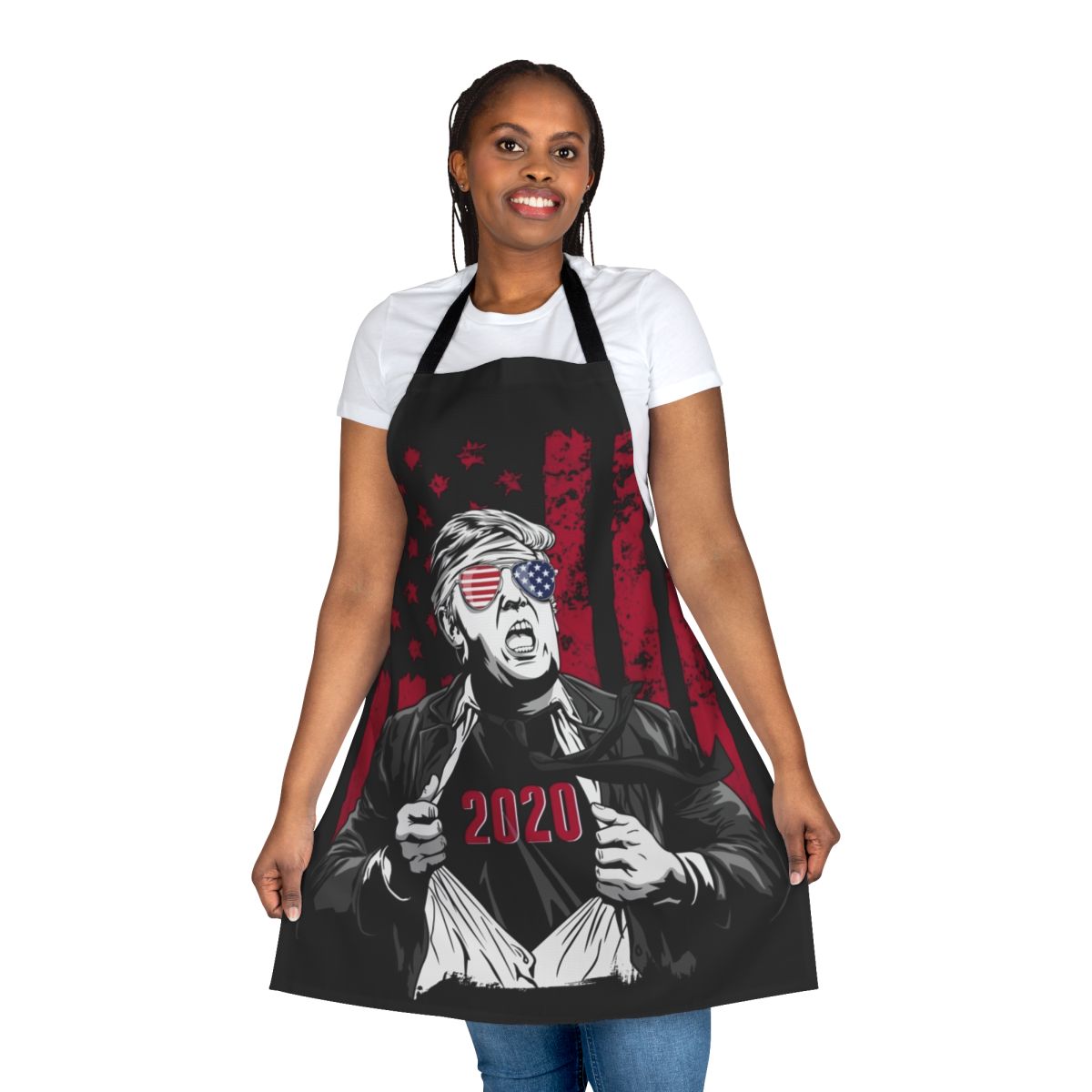 Patriotic superhero-themed apron in red, white, and blue colors with Donald Trump 2020 logo