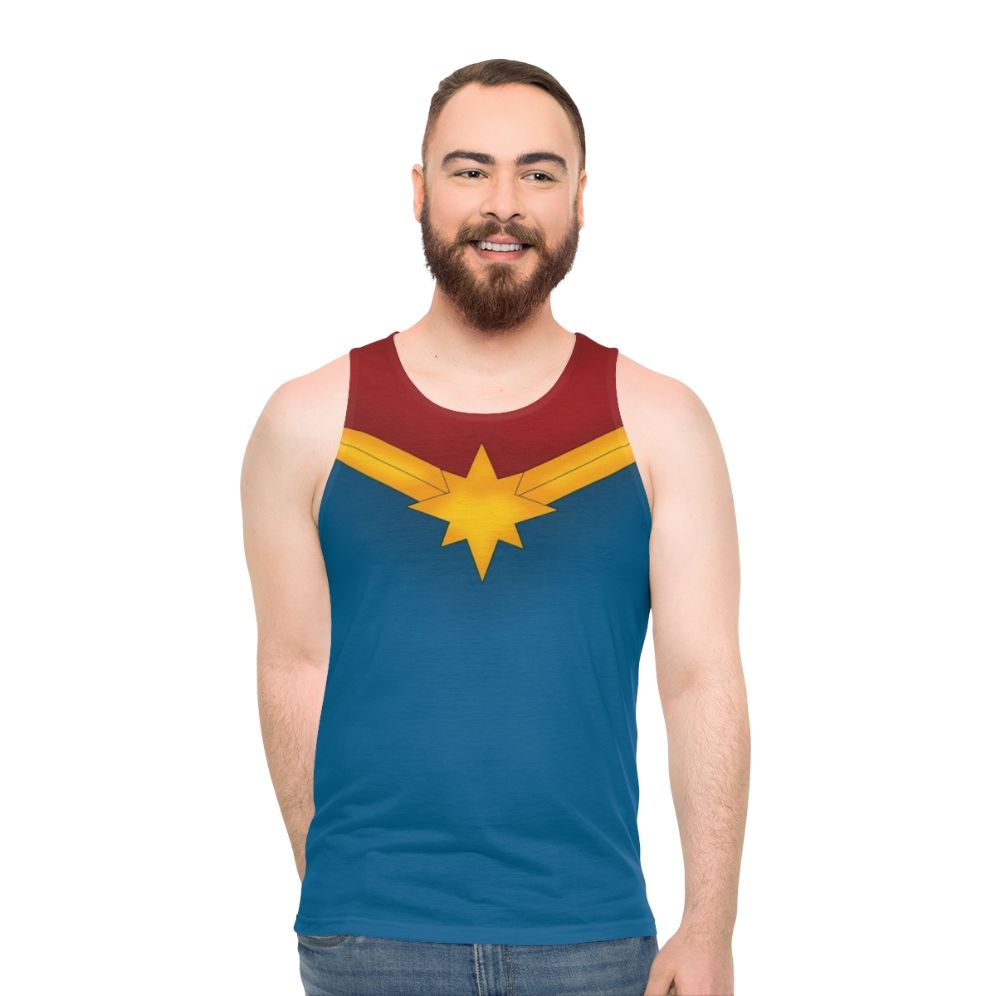 Patriotic superhero unisex tank top with metallic star design