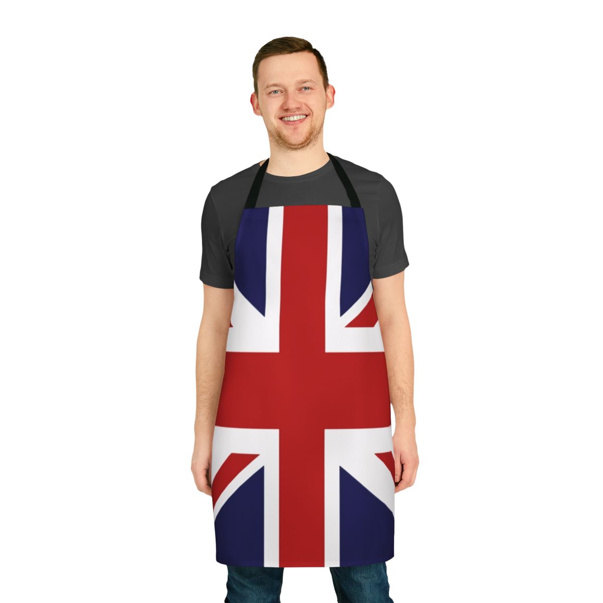 Vibrant Union Jack flag design printed on a sturdy, high-quality kitchen apron