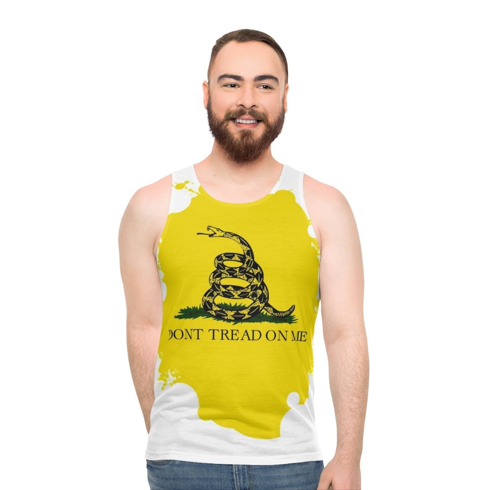 Unisex tank top with "Don't Tread on Me" snake design