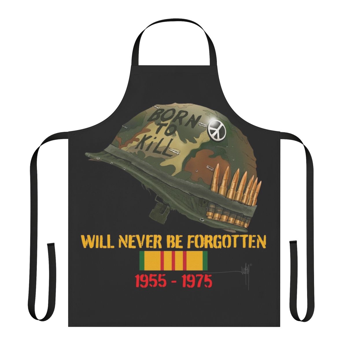 Patriotic apron featuring a Vietnam veteran, army veteran, and marine veteran design