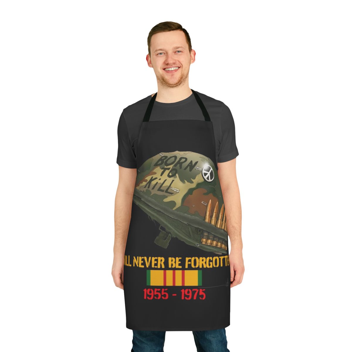 Patriotic apron featuring a Vietnam veteran, army veteran, and marine veteran design