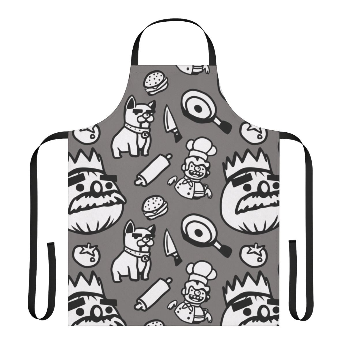 Overcooked-inspired patterned apron featuring chef's tools and ingredients