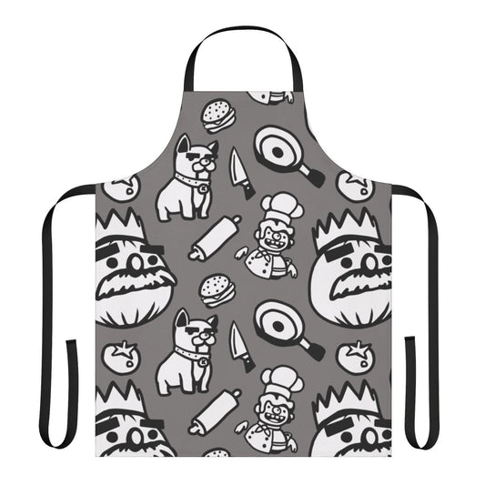 Overcooked-inspired patterned apron featuring chef's tools and ingredients