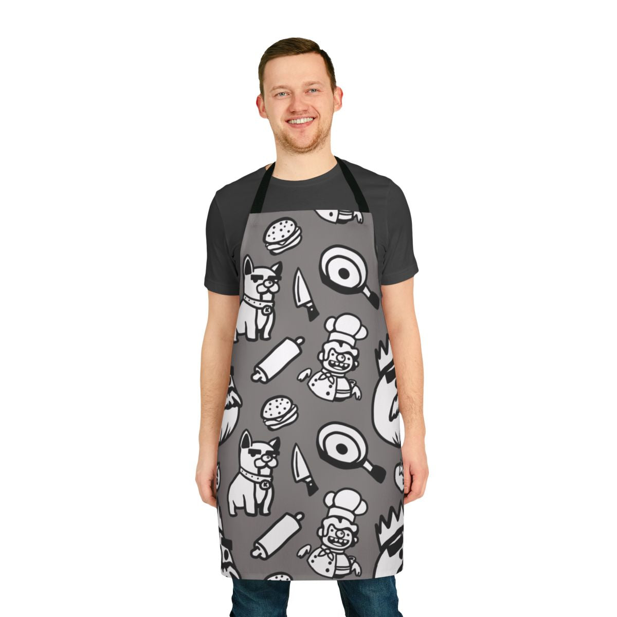 Overcooked-inspired patterned apron featuring chef's tools and ingredients