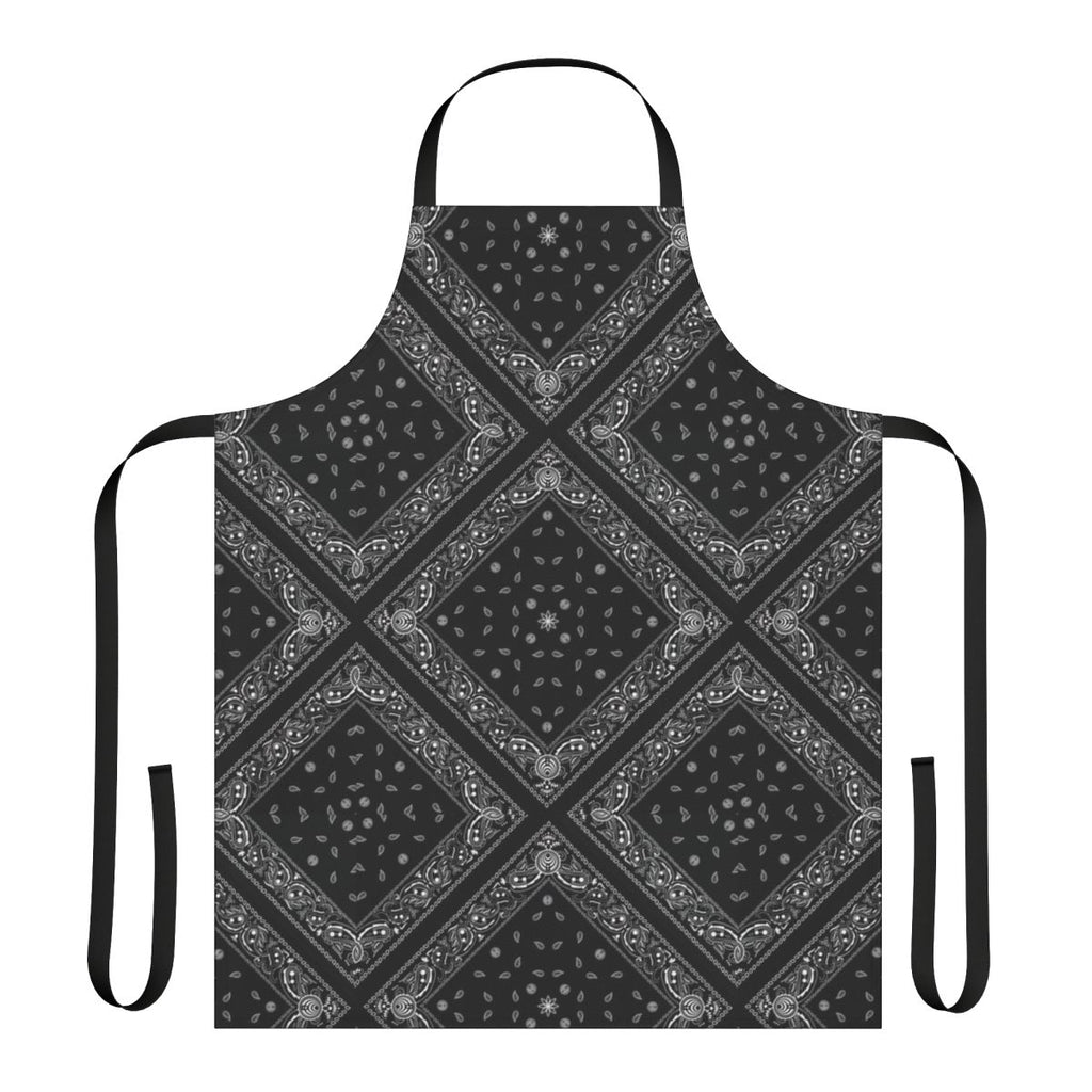 A stylish black and white bandana patterned apron