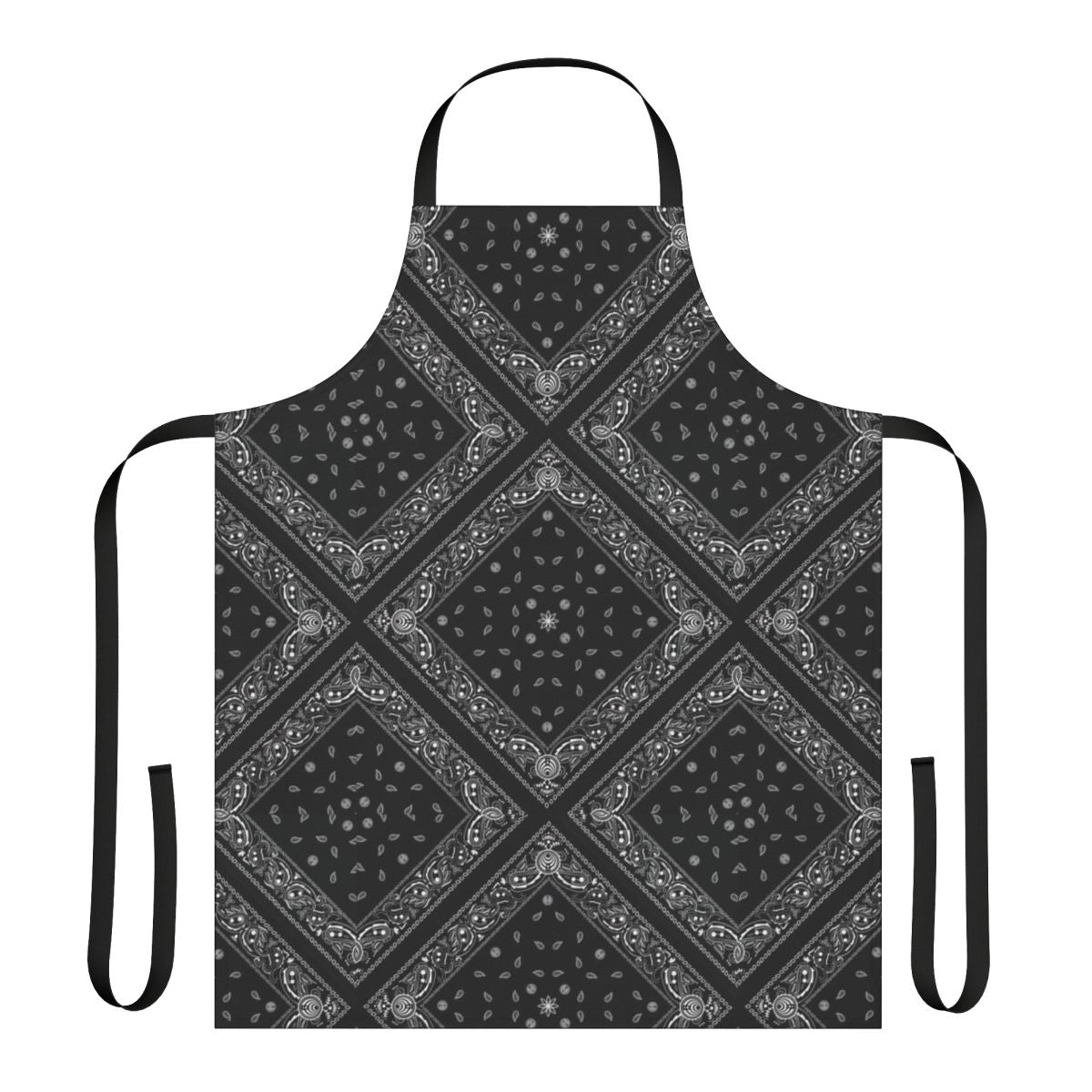 A stylish black and white bandana patterned apron