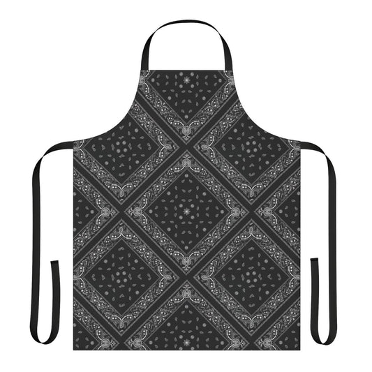 A stylish black and white bandana patterned apron