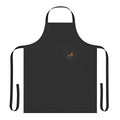 Patterned fiery rooster design on a dark colored apron