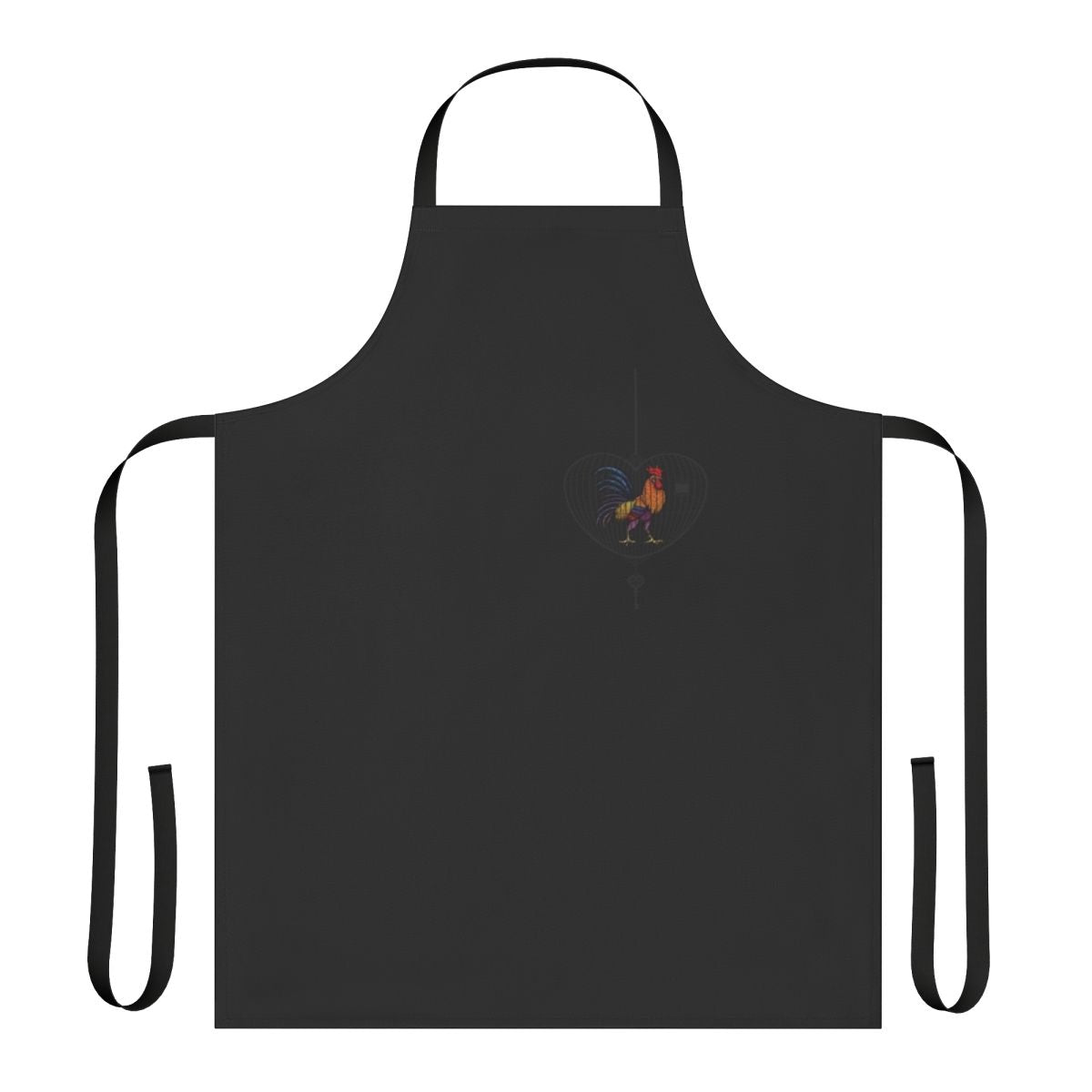 Patterned fiery rooster design on a dark colored apron