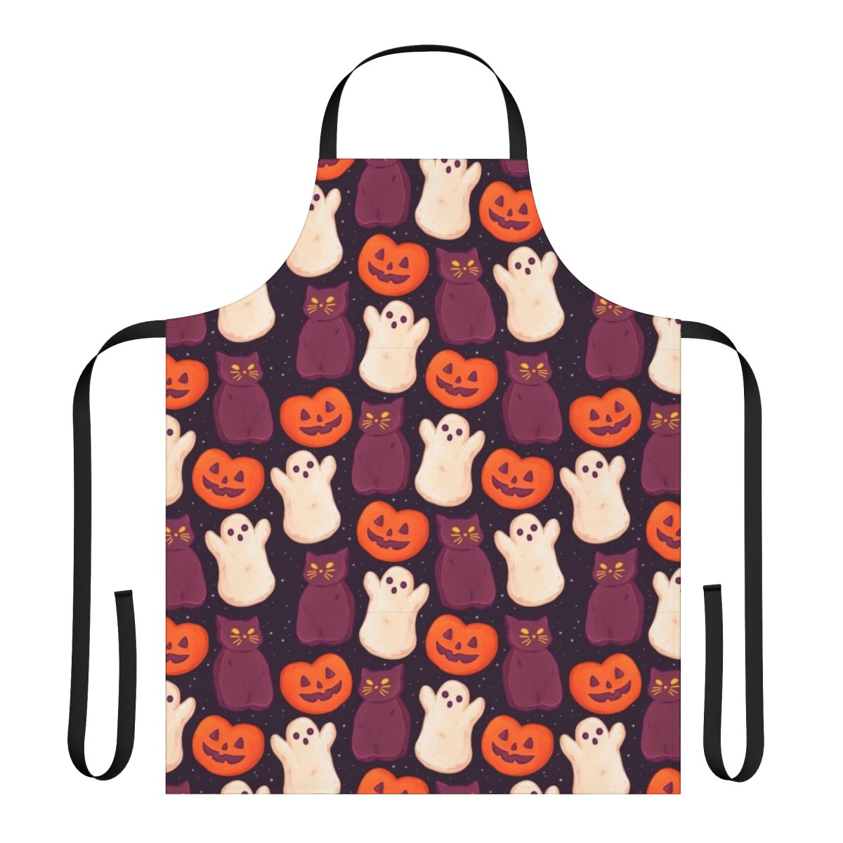 Patterned apron featuring cute pumpkins, ghosts, and halloween cats - perfect for spooky and sweet holiday baking