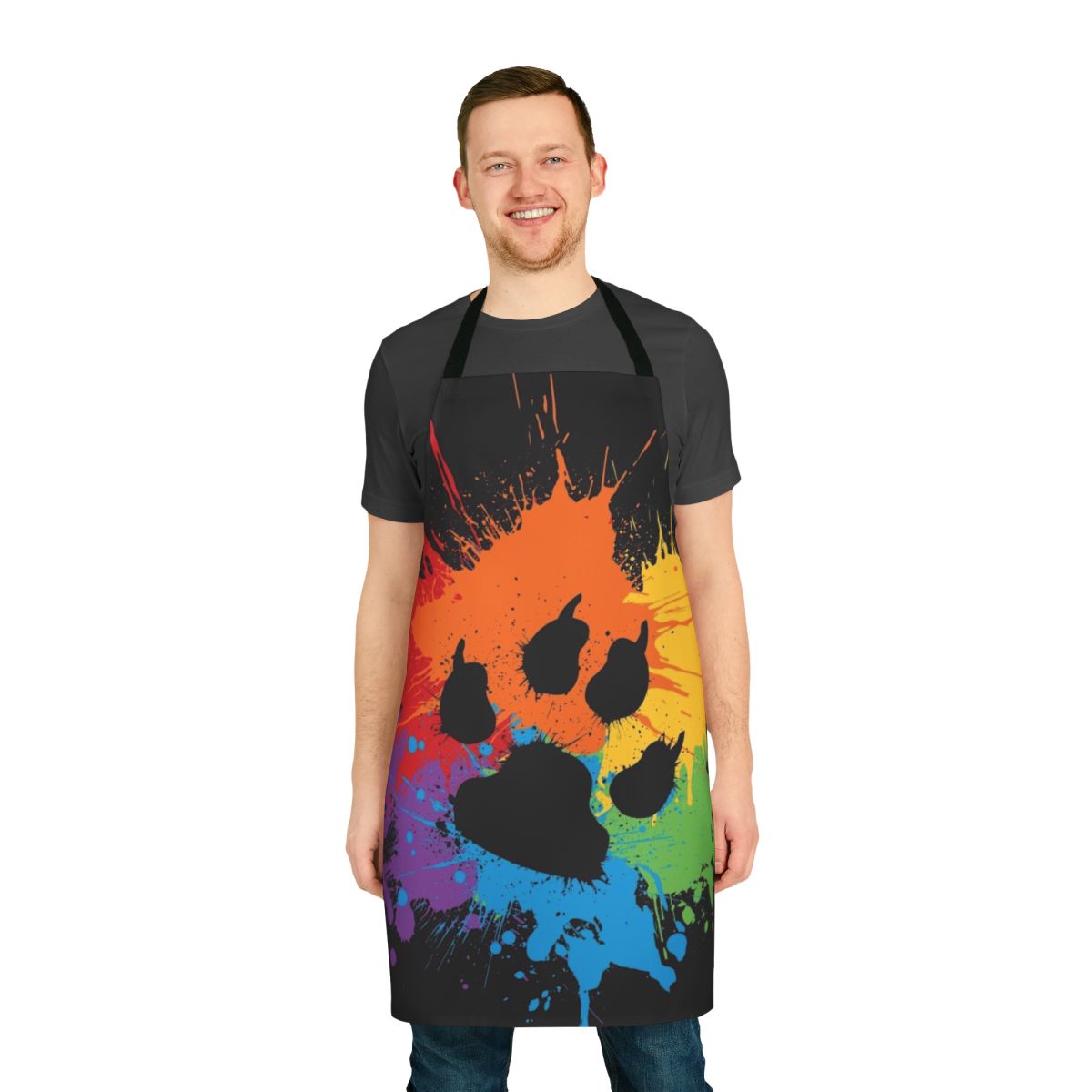 Paw Pride Furry Animal Apron, featuring a colorful design with bears, otters, wolves, and foxes in a pride-inspired pattern.