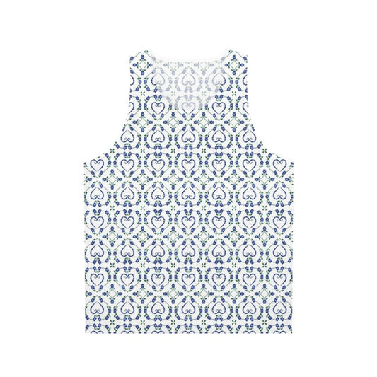 Blue unisex tank top with paw print and heart-shaped floral pattern