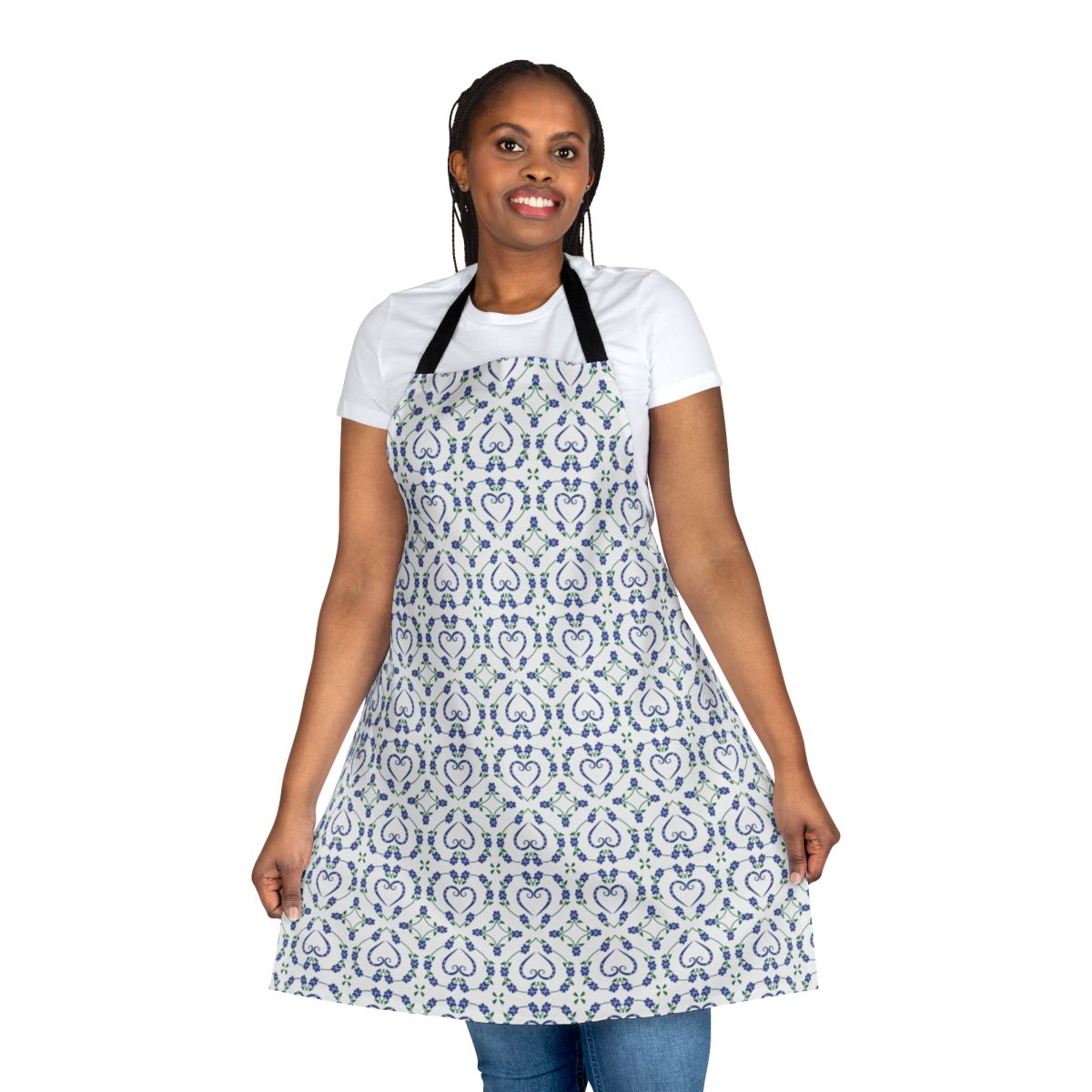 Pawprint Heart Floral Dog Apron with a blue background