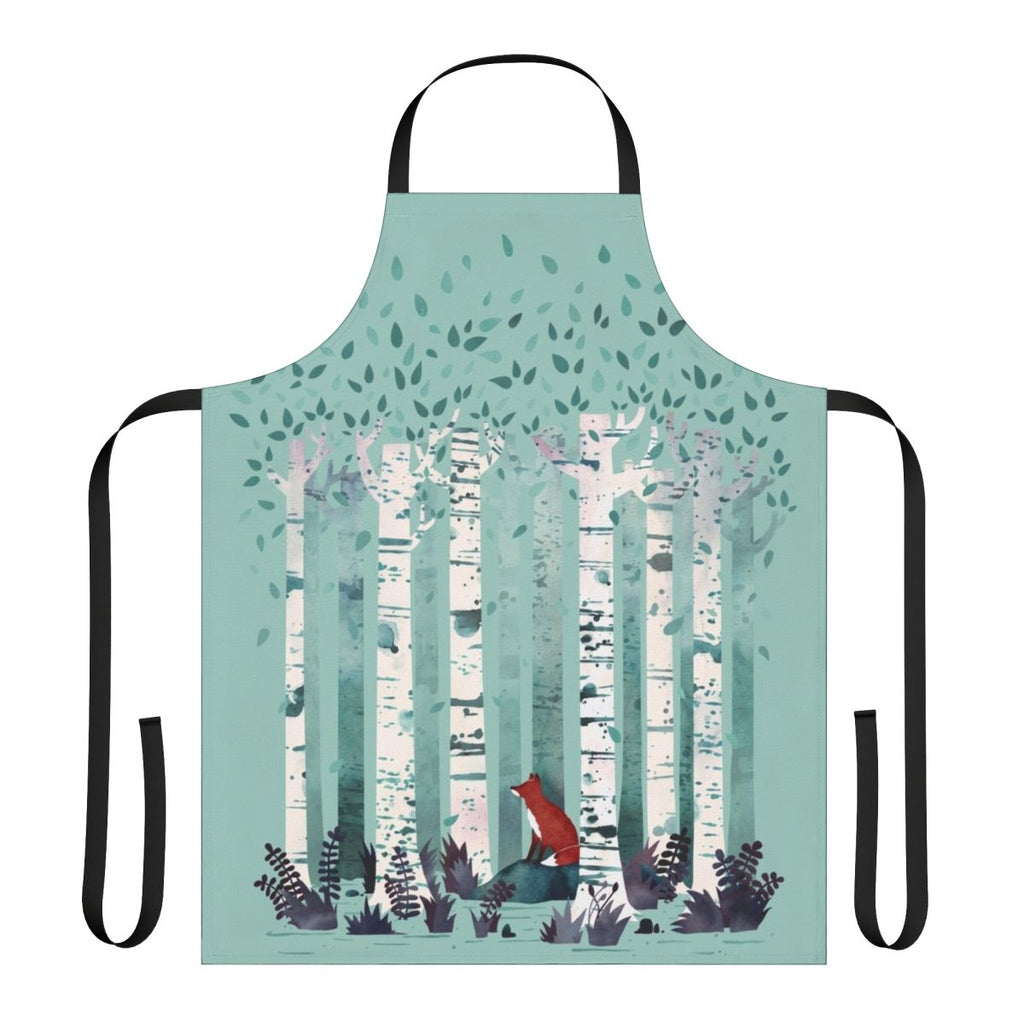 A watercolor illustration of a birch forest on an apron