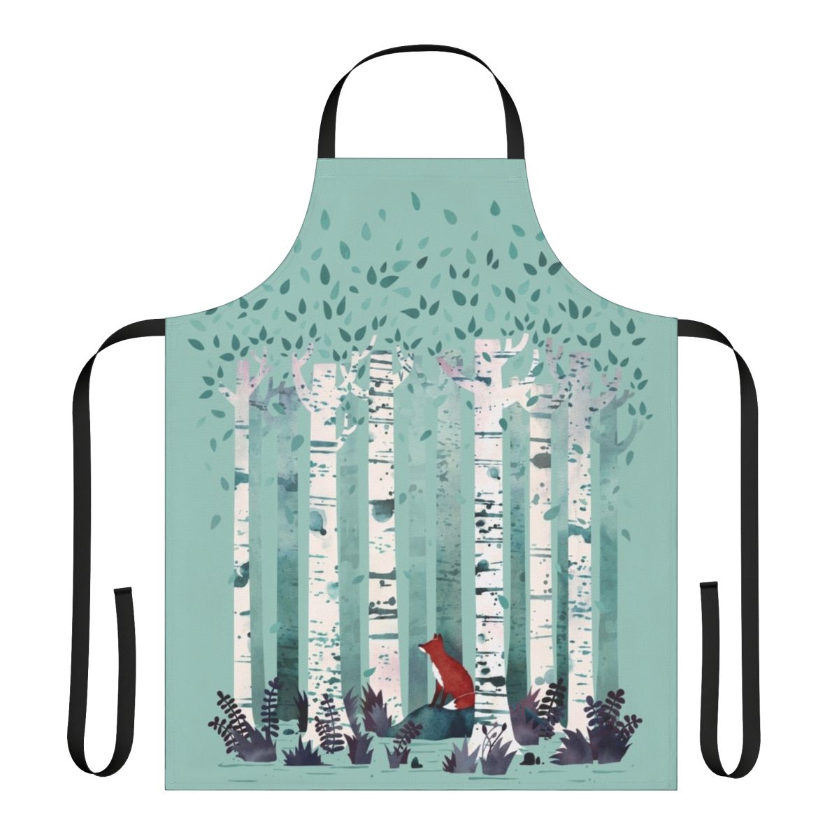 A watercolor illustration of a birch forest on an apron