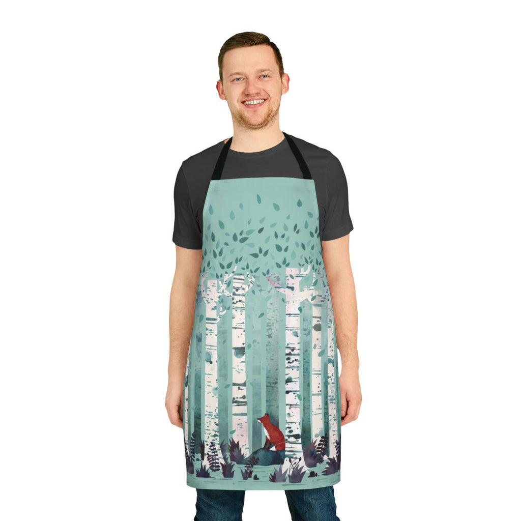 A watercolor illustration of a birch forest on an apron