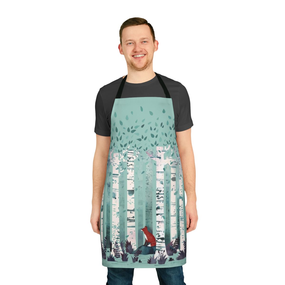 A watercolor illustration of a birch forest on an apron