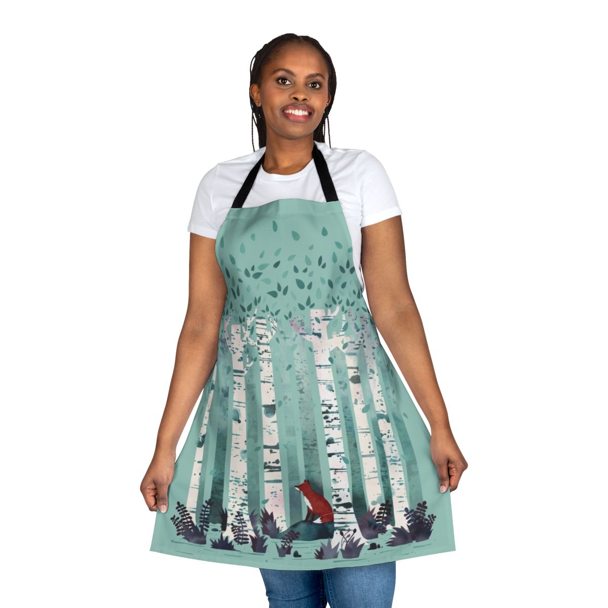 A watercolor illustration of a birch forest on an apron