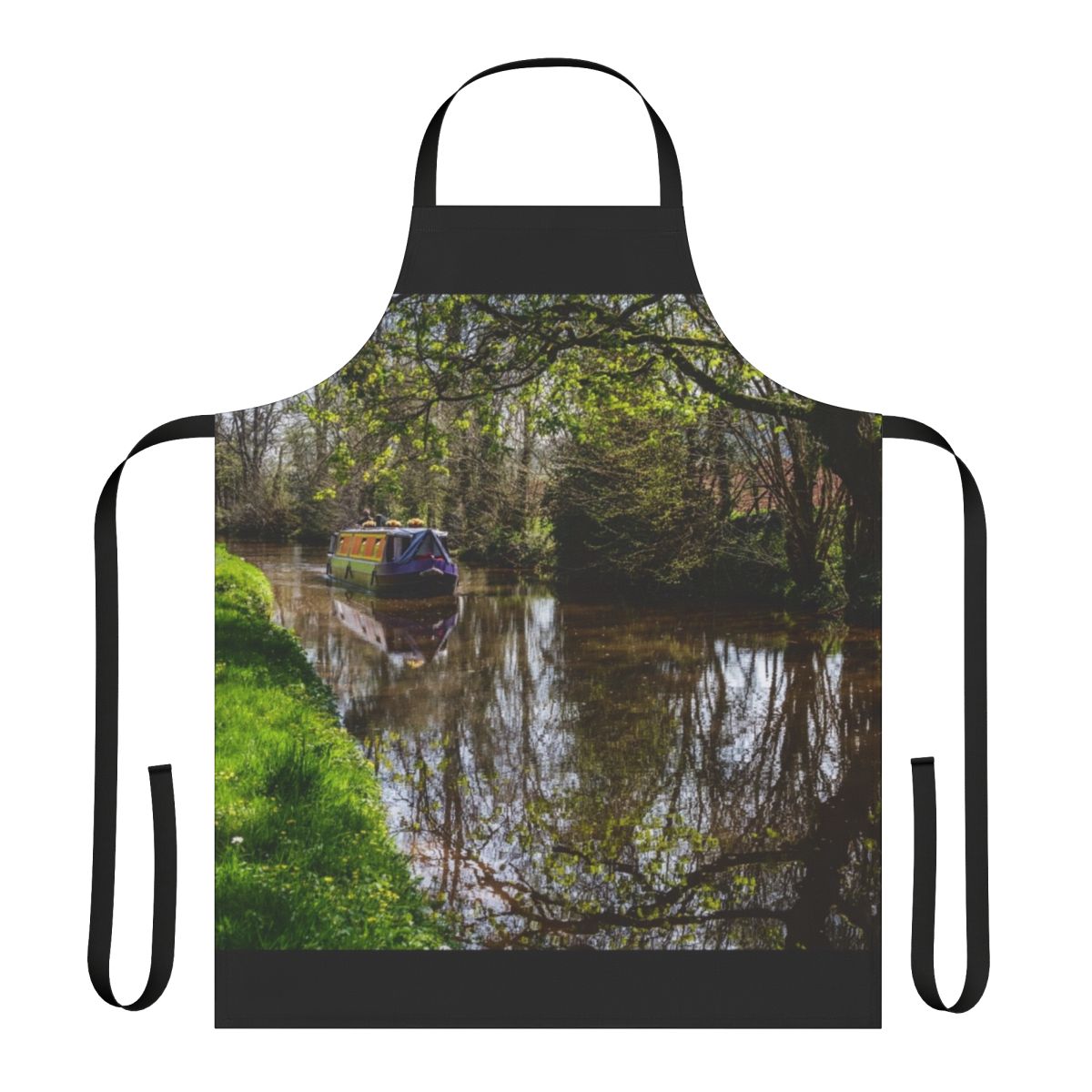 An apron featuring a peaceful canal barge and its reflections on the water.