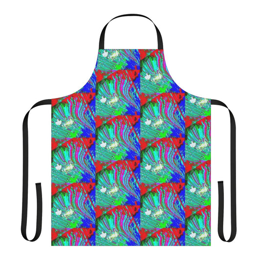 Peaceful everglades-inspired apron with a pixelated, glitch-like art design in blue and pink iridescent colors.
