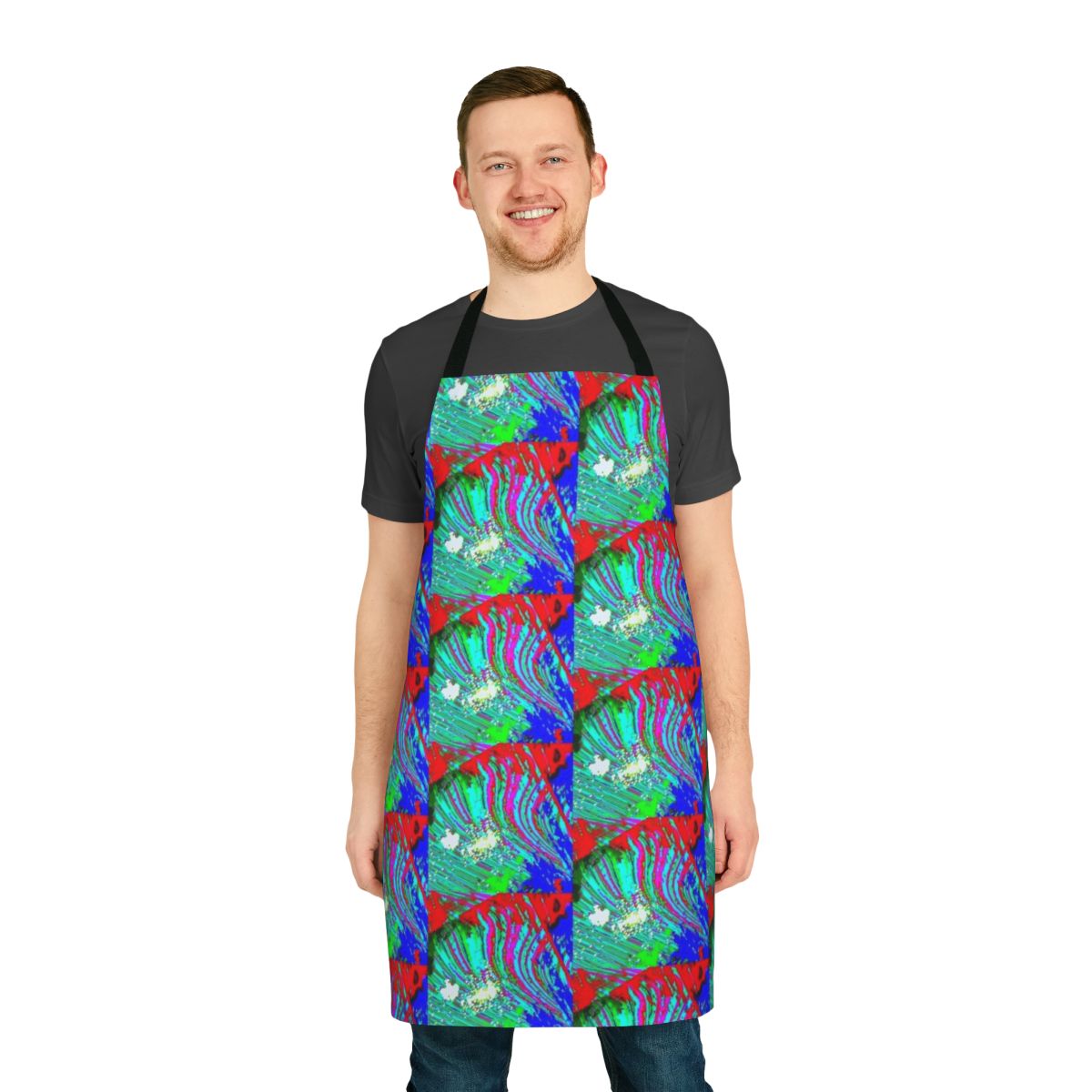 Peaceful everglades-inspired apron with a pixelated, glitch-like art design in blue and pink iridescent colors.