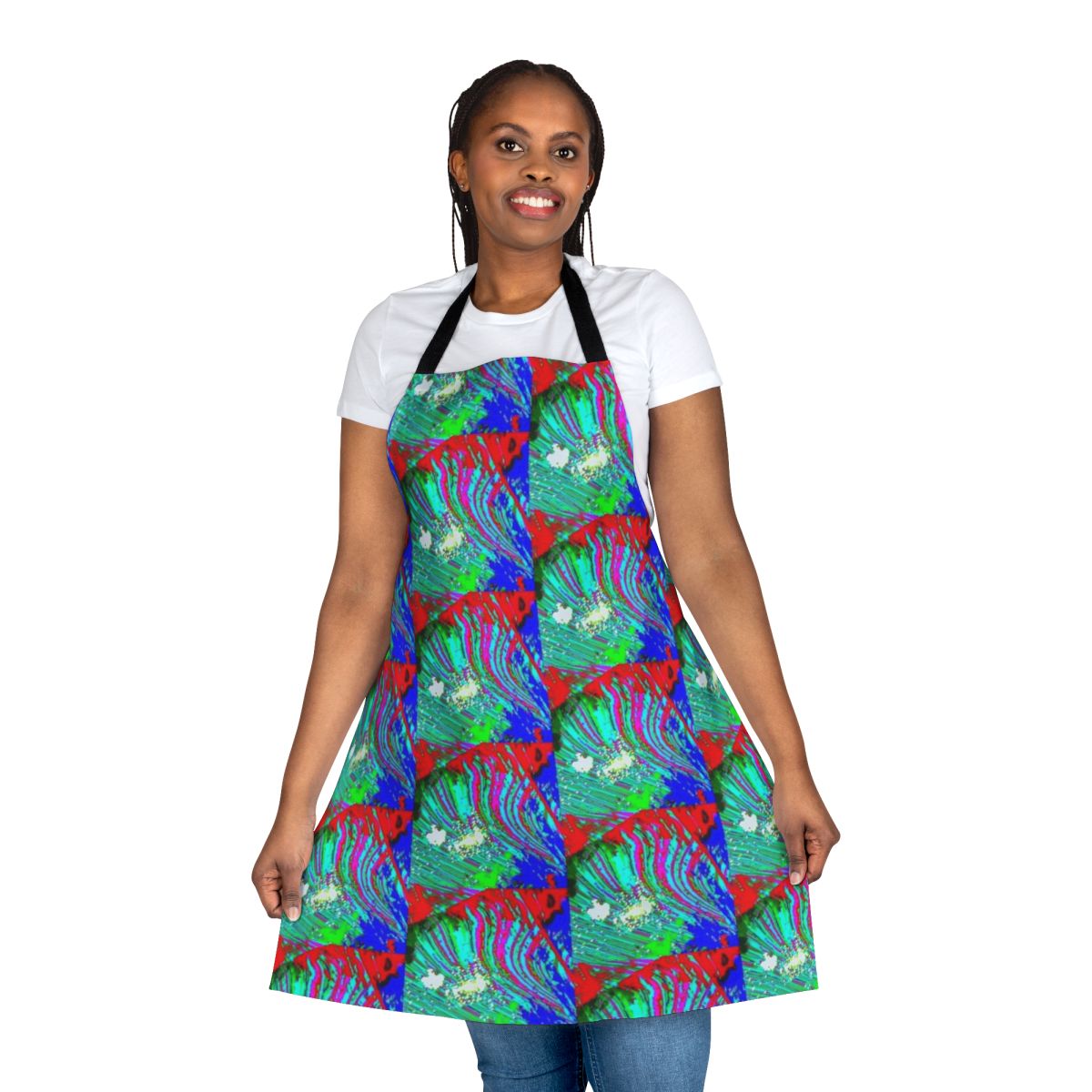 Peaceful everglades-inspired apron with a pixelated, glitch-like art design in blue and pink iridescent colors.
