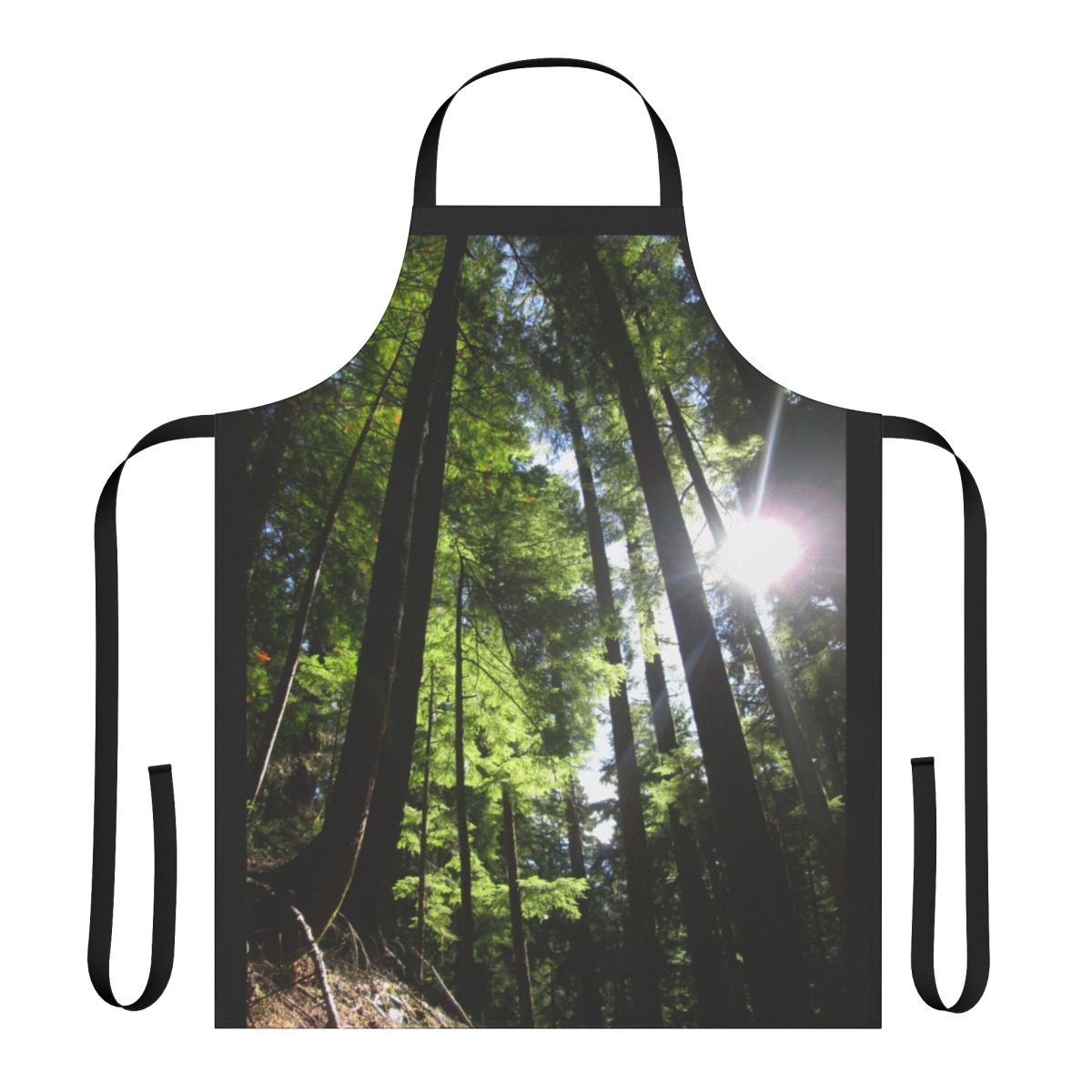Apron featuring a peaceful landscape of fir trees in sunlight