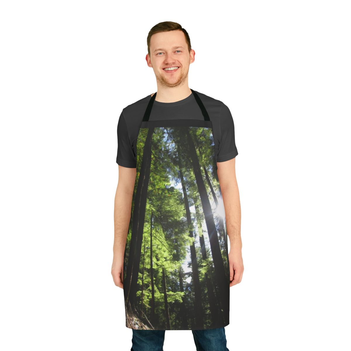 Apron featuring a peaceful landscape of fir trees in sunlight
